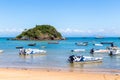 Buzios, Rio de Janeiro. View of the bay. Boats and sailboats anchored in the sea.